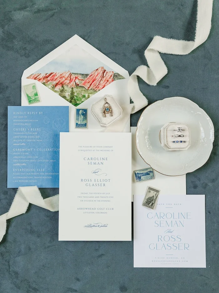 A Sky Blue Summer Wedding Amidst Colorado’s Red Rocks: Caroline and Ross’s Tailored Celebration at Arrowhead Golf Course